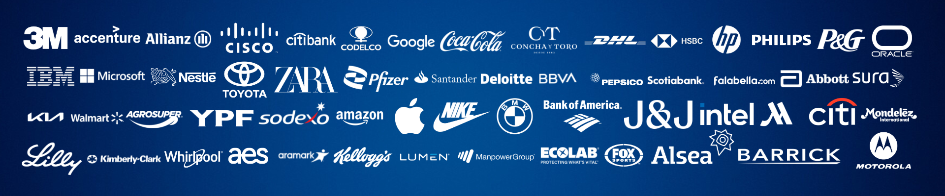 Imagen con una colección de logos de empresas reconocidas mundialmente, clientes de Charlas Motivacionales Chile, incluyendo 3M, Accenture, Allianz, Cisco, Citibank, Google, Coca-Cola, HP, Philips, P&G, IBM, Microsoft, Nestlé, Zara, Pfizer, Toyota, Nike, Amazon, Apple, Bank of America, Johnson & Johnson, Intel, Citibank, entre otras. El fondo es azul oscuro.