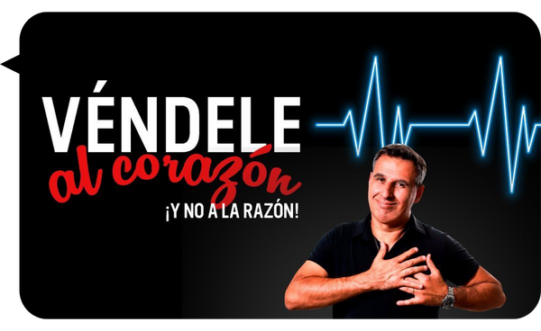 Marcelo Borlando con las manos en el corazón, junto al lema "Véndele al Corazón ¡y no a la razón!", promoviendo su enfoque emocional en el marketing.