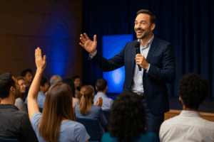 Orador sonriente dando una conferencia motivacional frente a una audiencia atenta, representando el impacto de las conferencias motivacionales.